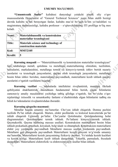 materialshunoslik va konstruksion materiallar texnologiyasi — DOC