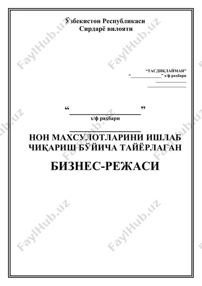 нон махсулотларини ишлаб чиқариш бўйича тайёрлаган бизнес-режаси — DOC