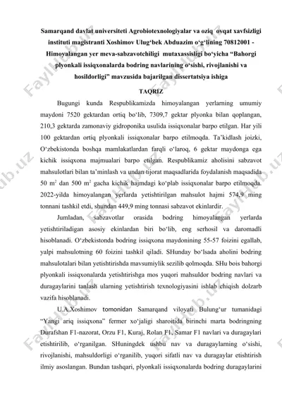 bahorgi plyonkali issiqxonalarda bodring navlarining o‘sishi, rivojlanishi va hosildorligi — DOC