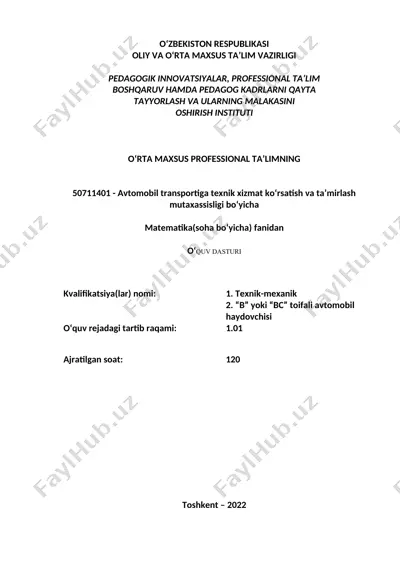 avtomobil transportiga texnik xizmat ko‘rsatish va ta’mirlash mutаxassisligi bo‘yicha o‘quv dasturi — DOC