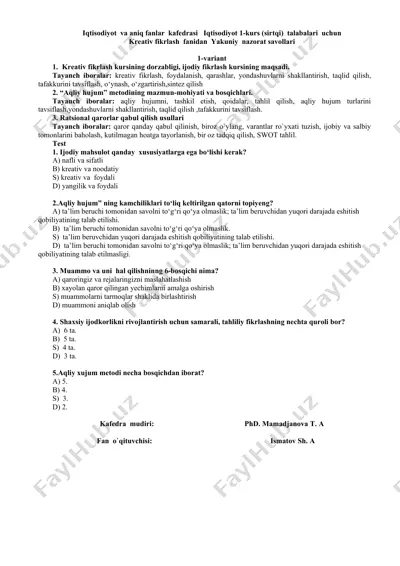 kreativ fikrlash yakuniy nazorat savollari — DOC