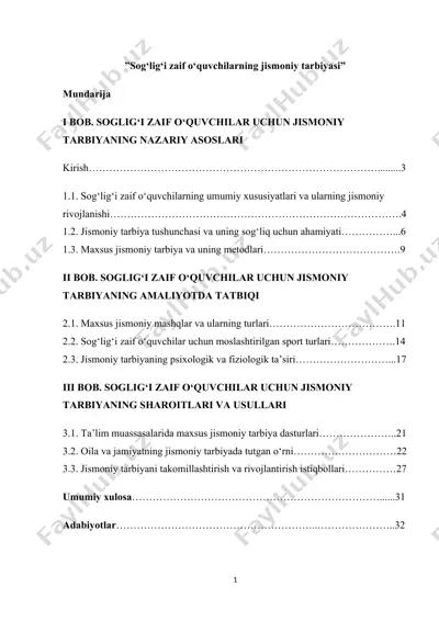 ”sog‘lig‘i zaif o‘quvchilarning jismoniy tarbiyasi”kurs ishi — DOCX