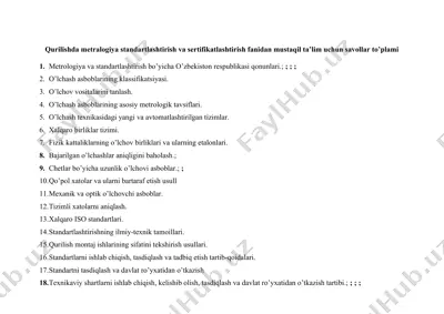 qurilishda metralogiya standartlashtirish va sertifikatlashtirish fanidan mustaqil ta’lim uchun savollar to’plami — DOC