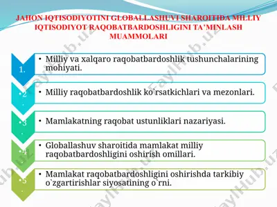 jahon iqtisodiyotini globallashuvi sharoitida milliy iqtisodiyot raqobatbardoshligini ta’minlash muammolari — PPTX