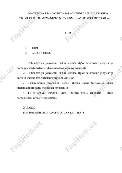 ta’lim-tarbiya jarayonini tashkil etishda tizimli tahlil mexanizimini takomillashtirish metodikasi — DOC