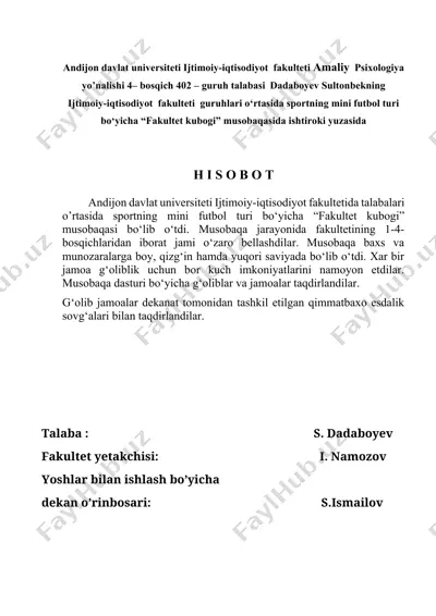 "fakultet kubogi musobaqasi haqida hisobot" — DOCX