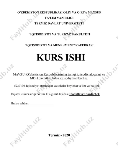 o‘zbekiston respublikasining tashqi iqtisodiy aloqalari va mdh davlatlari bilan iqtisodiy hamkorligi — DOC
