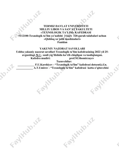 qishloq xo`jalik mashinalari yakuniy nazorat savollari — DOC