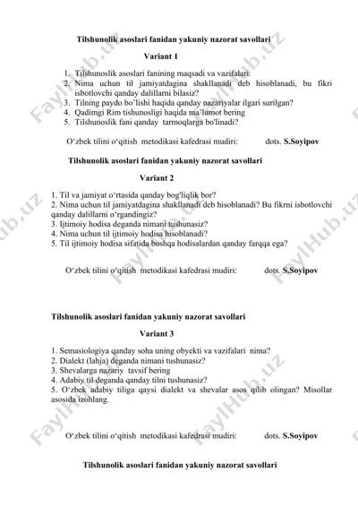 tilshunolik asoslari fanidan yakuniy nazorat savollari — DOC