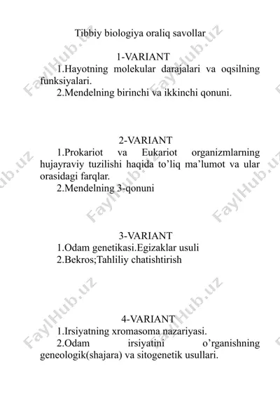 tibbiy biologiya oraliq savollar — DOC