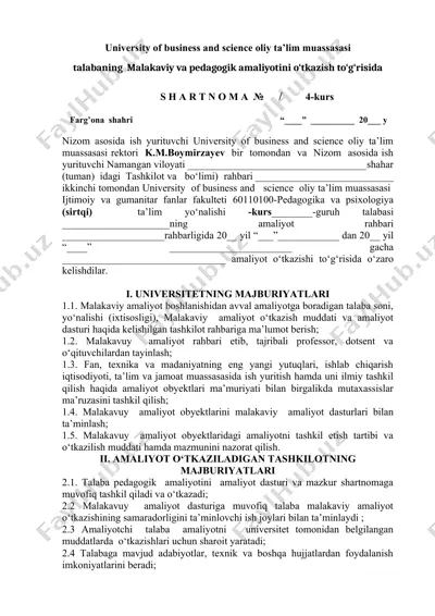 university of business and science oliy ta’lim muassasasi shartnomasi — DOC