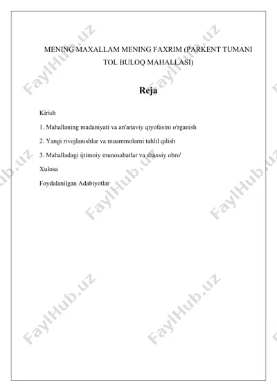 yoʻl buloq mahallasi madaniyati va an'anaviy qiyofasi — DOCX