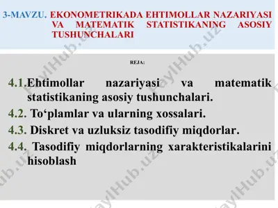 ekonometrikada ehtimollar nazariyasi va matematik statistikaning asosiy tushunchalari — PPTX
