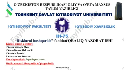 risklarni boshqarish va ularni sug’urtalash — PPTX