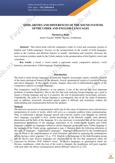 simultaniya va farqliliklar. o'zbek va ingliz tillarining ovoz tizimlarining solishtirilgan tadqiqoti — PDF