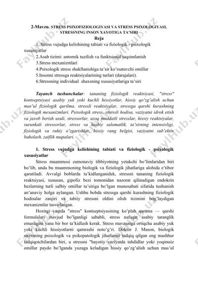 stress psixofiziologiyasi va stress psixologiyasi — DOC