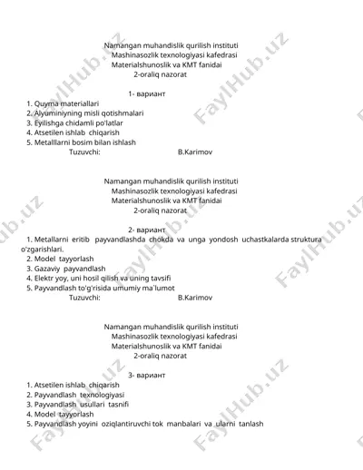materialshunoslik va kmt fanidai 2-oraliq nazorat — DOC