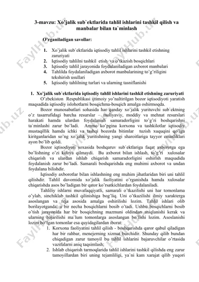 xo’jalik sub`ektlarida iqtisodiy tahlil ishlarini tashkil qilish va manbalar bilan ta`minlash — DOC