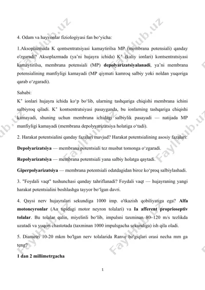 odam va hayvonlar fiziologiyasi fan boʻyicha — DOC