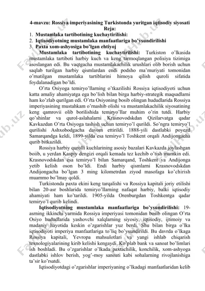 rossiya imperiyasining turkistonda yuritgan iqtisodiy siyosati — DOC
