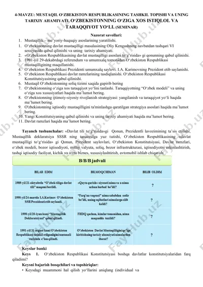mustaqil o‘zbekiston respublikasining tashkil topishi va uning tarixiy ahamiyati — DOC
