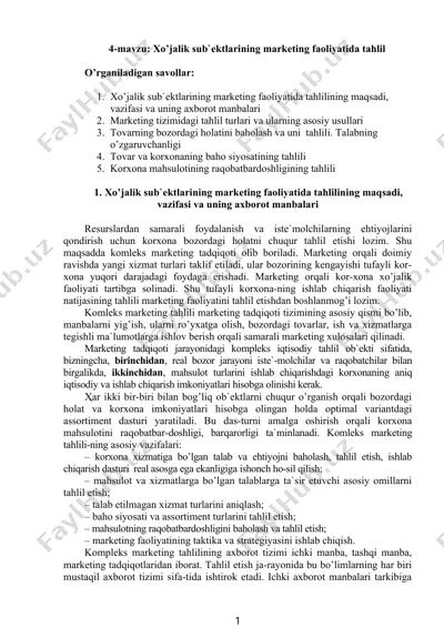 xo’jalik sub`ektlarining marketing faoliyatida tahlil — DOC