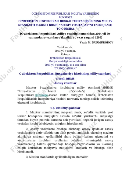 o‘zbekiston respublikasi buxgalteriya hisobining milliy standarti (5-sonli bhms) "asosiy vositalar" — DOC