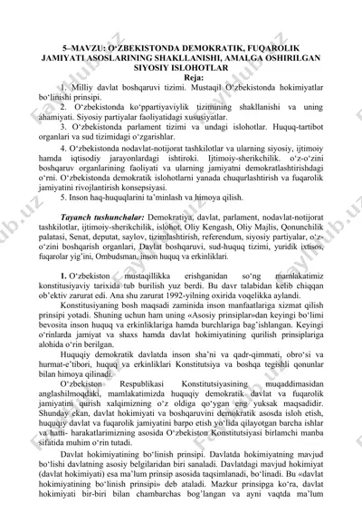 o‘zbekistonda demokratik, fuqarolik jamiyati asoslarining shakllanishi, amalga oshirilgan siyosiy islohotlar — DOC