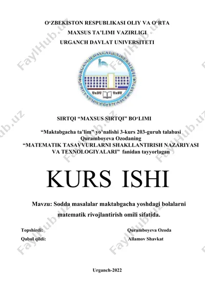 sodda masalalar maktabgacha yoshdagi bolalarni matematik rivojlantirish omili sifatida — DOC