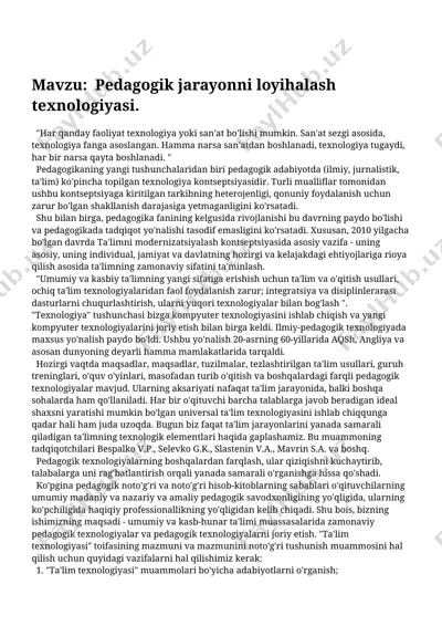pedagogik jarayonni loyihalash texnologiyasi — DOCX