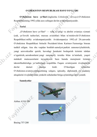 oʻzbekiston havo yoʻllari samolyotlari — DOCX