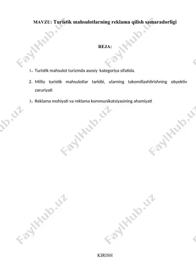 turistik mahsulotlarning reklama qilish samaradorligi — DOCX