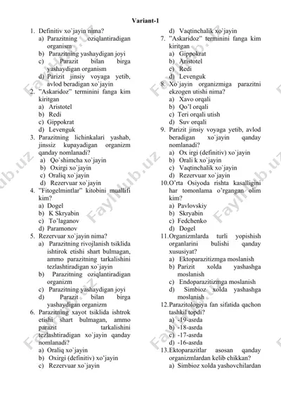 parazitlar haqida savollar va javoblar — DOCX