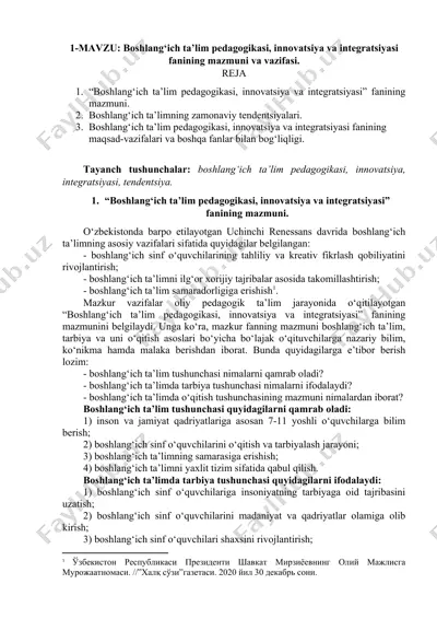 boshlang‘ich ta’lim pedagogikasi, innovatsiya va integratsiyasi fanining mazmuni va vazifalari — DOC