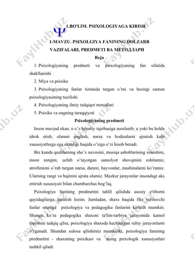 psixologiya fanining dolzarb vazifalari, predmeti va metodlari — DOC