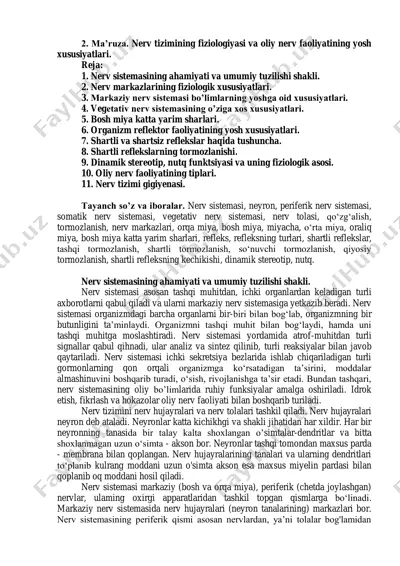 ma’ruza. nerv tizimining fiziologiyasi va oliy nerv faoliyatining yosh xususiyatlari — PDF