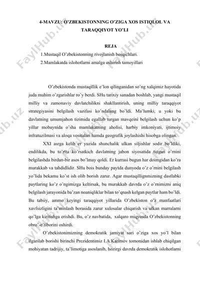 o’zbekistonning o’ziga xos istiqlol va taraqqiyot yo’li — DOCX