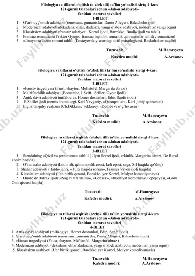 jahon adabiyoti nazorat savollari — DOC