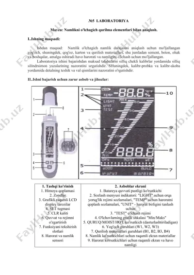 laboratoriya namlikni o'lchagich qurilma elementlari bilan aniqlash — DOCX