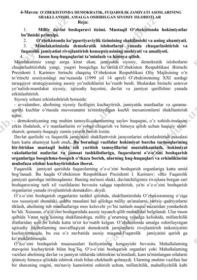 o‘zbekistonda demokratik, fuqarolik jamiyati asoslarining shakllanishi, amalga oshirilgan siyosiy islohotlar — DOCX