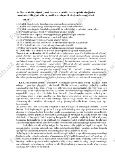 kichik maktab yoshi davrida, o`smirlik davrida psixik rivojlanish xususiyatlari. — DOCX