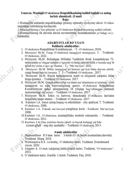 mustaqil o‘zbekiston respublikasining tashkil topishi va uning tarixiy ahamiyati — PDF