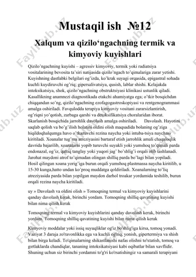 xalqum va qizilo‘ngachning termik va kimyoviy kuyishlari — DOCX