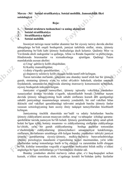 sotsial stratifikatsiya va mobillik — DOCX