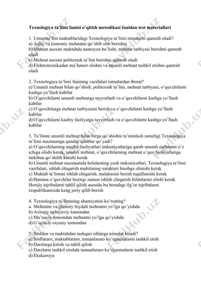 texnologiya ta’limi fanini o’qitish metodikasi fanidan test materiallari — DOCX