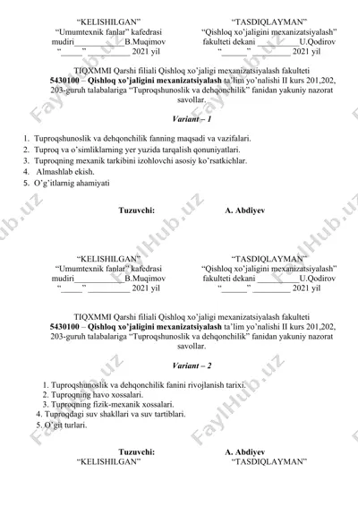 tuproqshunoslik va dehqonchilik fanidan yakuniy nazorat savollari — DOCX