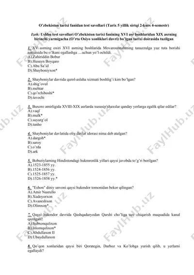 o’zbekiston tarixi fanidan test savollari (tarix 5 yillik sirtqi 2-kurs 4-semestr) — DOC