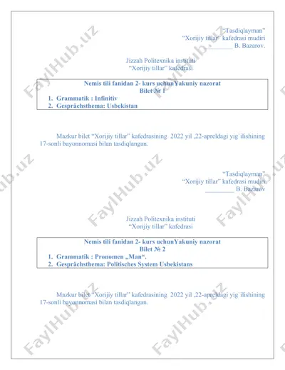 nemis tili fanidan 2-kurs uchun yakuniy nazorat bilet — DOC