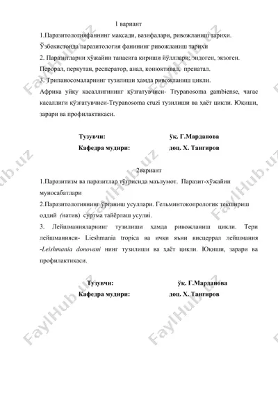 parazitologiya fani tarixi va ma'lumotlari — DOCX