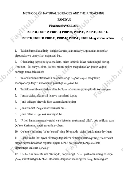 methods of natural sciences and their teaching final test savollari — PDF